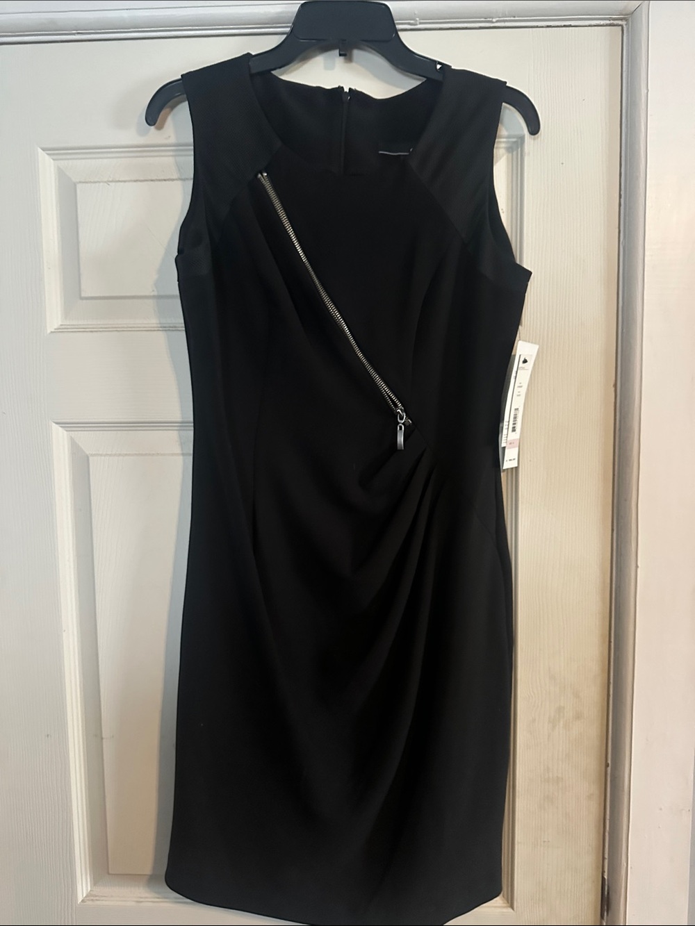 Lord & Taylor Black Sleeveless Midi Sheath Dress with Diagonal Zip Detail